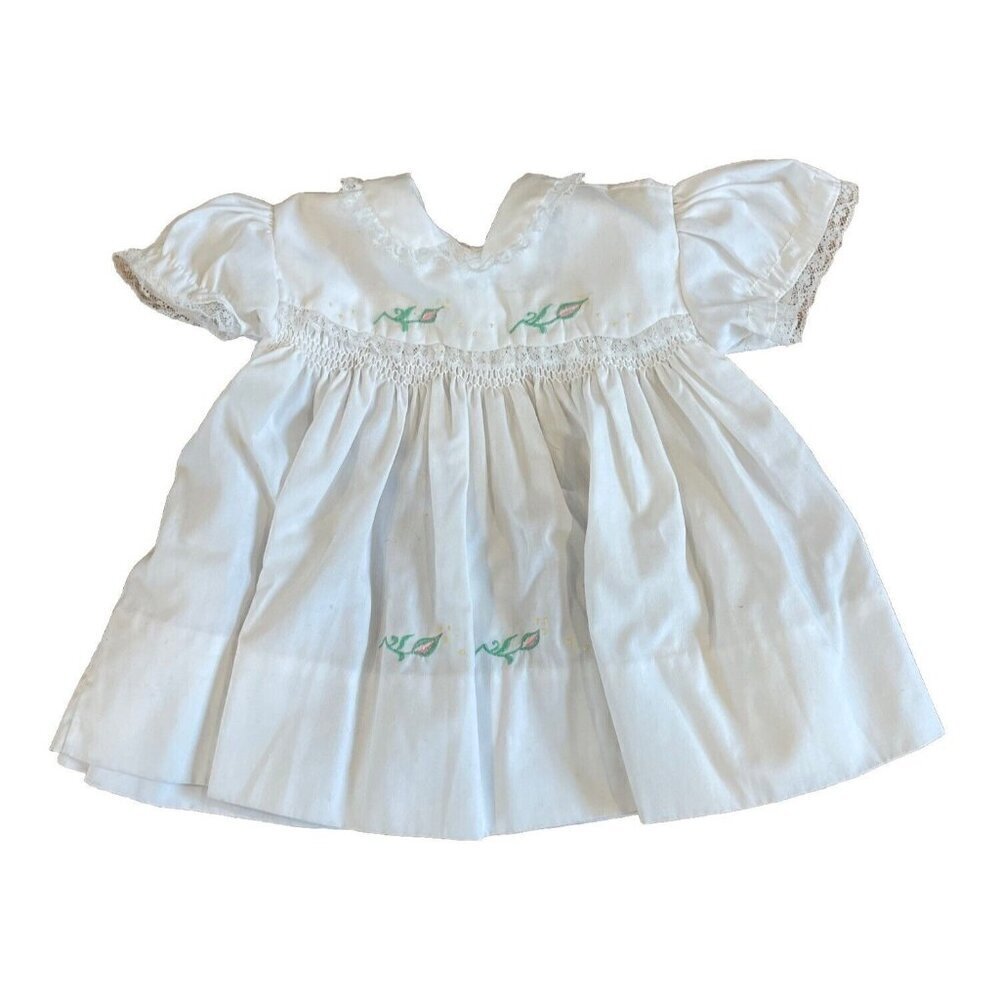 Vintage Baby B Cherubs Dress White Elastic Front Baby Size 3-6 Months Smock
